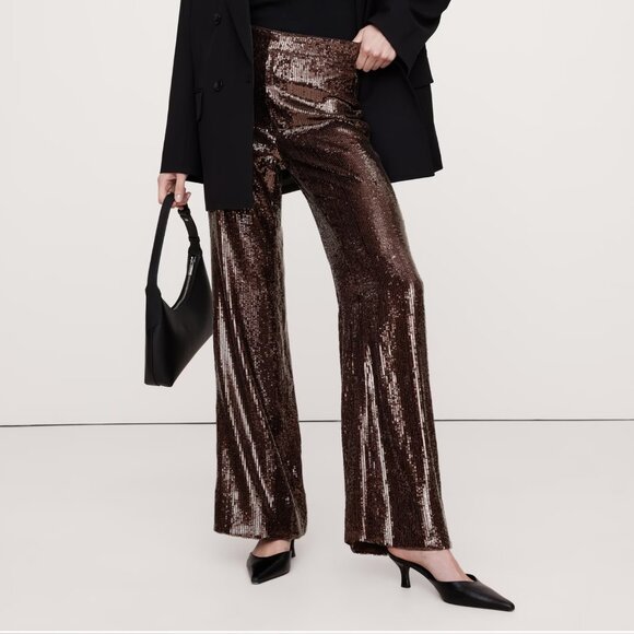 *BNWT* Banana Republic High-Rise Wide-Leg Sequin Pant- chocolate ganache- Size 0 - Picture 1 of 4